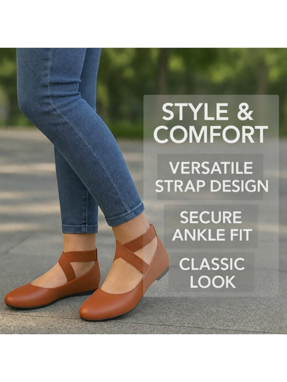 Women's Pu Cognac Ballet Flat Ballerina With Ankle Strap Faux Leather Shoes - Picture 3 of 7